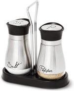 KITOME Salt and Pepper Shakers Set, Stainless Steel with Glass Bottom and Holder.