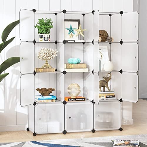 KRISHYAM Plastic Kids Wardrobe - Portable Closet Cube Storage Organizer for Hanging Clothes, Modular Cabinet for Books, Toys, Towels (12 Box White Transparent)