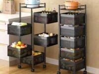 Kitchenwell Multi-Purpose Trolley Storage Organizer and Kitchen Accessories Items for Kitchen Storage Rack Square Design Fruits & Vegetable Onion Cutlery (Matt Black, 5 Layer Drawer)