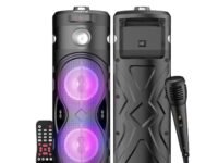 Krisons Cylender 111 50W Portable Speaker with 4" Double Woofers, Free Wired Mic for Karaoke, in Built Torch, Remote Control with Bluetooth, FM, USB, Micro SD Card Connectivity (Black)