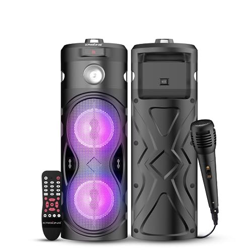 Krisons Cylender 111 50W Portable Speaker with 4" Double Woofers, Free Wired Mic for Karaoke, in Built Torch, Remote Control with Bluetooth, FM, USB, Micro SD Card Connectivity (Black)