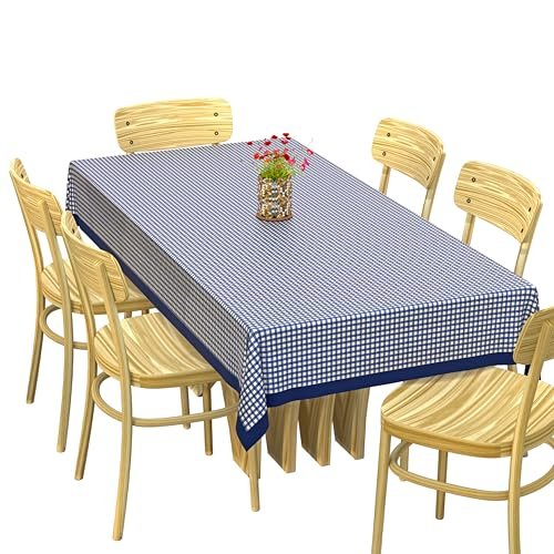 Kuber Industries 100% cotton Dining Table Cover 6 seater | Checkered Pattern Rectangular Large Dining Table Cloth for Living Room | Hall | Home | Restaurant (90 x 60 Inches Size) (Blue)