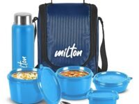 MILTON Pro Lunch Tiffin (3 Microwave Safe Inner Steel Containers, 180/320/450 ml; 1 Plastic Chutney Dabba,100 ml; 1 Aqua Steel Bottle, 750 ml, Steel Spoon and Fork) with Insulated Fabric Jacket, Blue