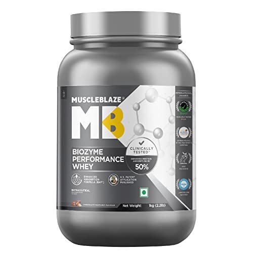 Muscleblaze Biozyme Performance Whey Protein | Clinically Tested 50% Higher Protein Absorption | Informed Choice Uk, Labdoor Usa Certified & Us Patent Filed Eaf (Chocolate Hazelnut, 1 Kg / 2.2 Lb).