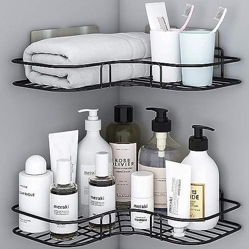 OSWELL Metal Multipurpose Bathroom Corner Storage Organizer Wall Mounted Rack Shelf Shower Caddy | Shelf Adhesive Bathroom Accessories Kitchen Storage Rack (Black)