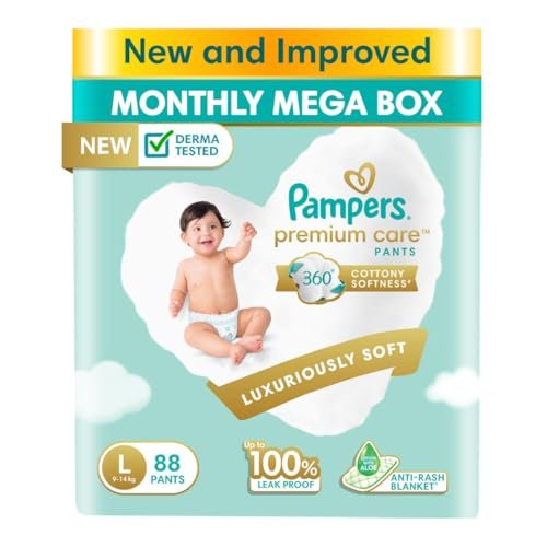 Pampers Premium Care Pants, Large size baby diapers (L), 88 Count, Softest ever Pampers pants