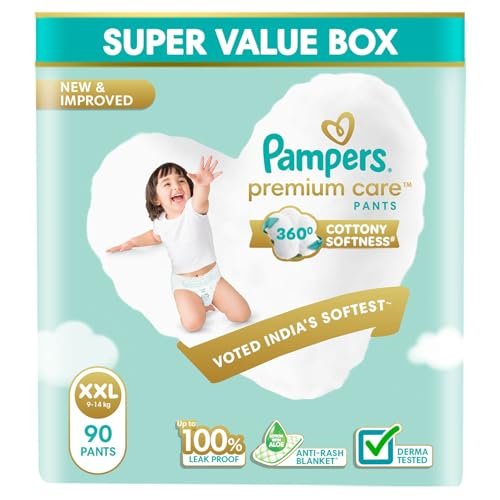 Pampers Premium Care Pants Style Baby Diapers, XX-Large (XXL) Size, 90 Count, All-in-1 Diapers with 360 Cottony Softness, 15-25kg Diapers