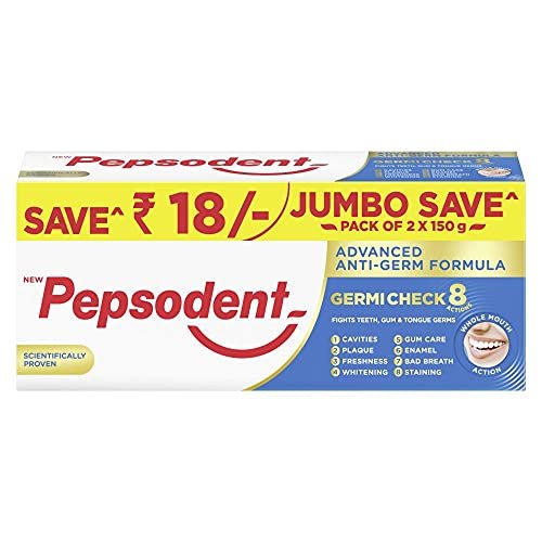 Pepsodent Germicheck 300g (150g x 2, Pack of 2) 8 Actions, Whole Mouth Cavity Protection Plaque Removal Toothpaste With Anti-Germ Formula, Clove And Neem Oil, Jumbo Save Pack