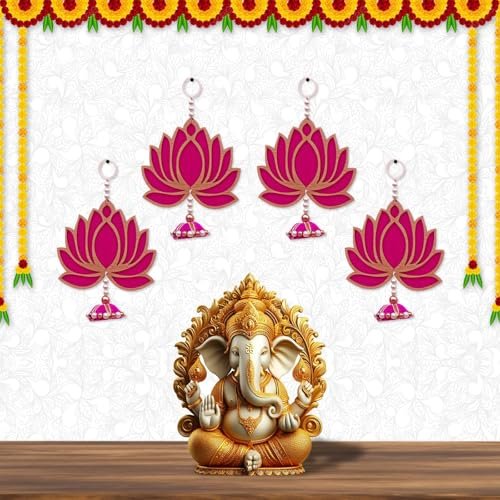 Perpetual Lotus Hangings for Home Decoration - Pack of 4 Velvet Handmade JhumkiLotus Toran Decoratives for Ganesh Chaturthi, Ganapati Pooja, Diwali, Festive Dcor for Door Entrance, Wall Hanging,