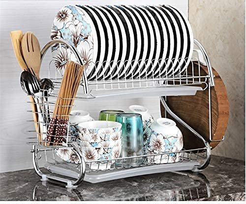 ROY S Shape 2 Layer Chrome Coated Kitchen Dish Drainer Organize Storage Rack - Plate, Cutlery Utensil, Fruits And Vegetable Drying Drain And Storage Stand (Silver)(Chrome Coted)