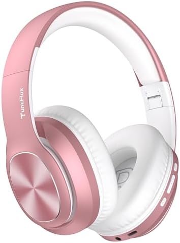 TuneFlux Wireless Bluetooth Headphones Over Ear, 80H Playtime, 3EQ Sound Modes, HiFi Stereo Headphones with Deep Bass, Foldable Bluetooth 5.3 Headphones for Smartphone/PC/Computer-Rose Gold