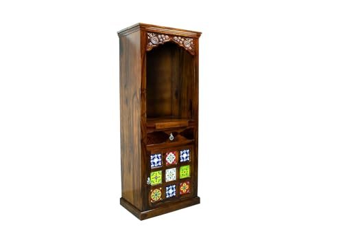 WOODMAZE Sheesham Wood Temple with Door Storage Wooden Mandir for Pooja Room (Honey Finish)