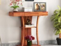 WoodMarwar Sheesham Wood Console Table for Living Room | Solid Wood Foyer Tables for Entryway with Drawer & Shelf Storage | Wooden Side Entrance Table for Home & Office | Roswood, Honey Finish