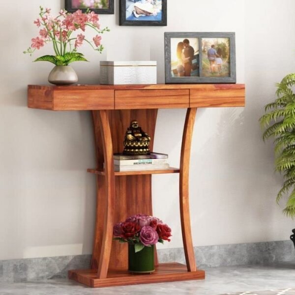 WoodMarwar Sheesham Wood Console Table for Living Room | Solid Wood Foyer Tables for Entryway with Drawer & Shelf Storage | Wooden Side Entrance Table for Home & Office | Roswood, Honey Finish