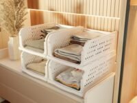 amazon basics Clothes Organizer for Wardrobe | Foldable & Stackable Closet Organizer, 4 Pieces, White