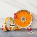 eCraftIndia Multicolor Floral Decorative Handcrafted Stainless Steel Karwa Chauth Pooja Thali Set with Plate, Chalni, Lota & Chunri - Karva Chauth Puja Thali