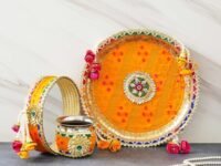 eCraftIndia Multicolor Floral Decorative Handcrafted Stainless Steel Karwa Chauth Pooja Thali Set with Plate, Chalni, Lota & Chunri - Karva Chauth Puja Thali