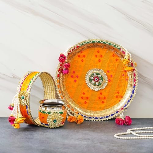 eCraftIndia Multicolor Floral Decorative Handcrafted Stainless Steel Karwa Chauth Pooja Thali Set with Plate, Chalni, Lota & Chunri - Karva Chauth Puja Thali