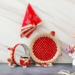 eCraftIndia Red and Golden Floral Decorative Handcrafted Stainless Steel Karwa Chauth Pooja Thali Set with Plate, Chalni, Lota & Chunri - Karva Chauth Puja Thali