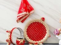 eCraftIndia Red and Golden Floral Decorative Handcrafted Stainless Steel Karwa Chauth Pooja Thali Set with Plate, Chalni, Lota & Chunri - Karva Chauth Puja Thali