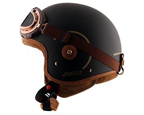 Axor Che Legendary ISI Certified Open Face Matt Helmet with Goggles UV Protectant & CE Certified ( Black Bronze Goggles) Dull Black Grey(XL)