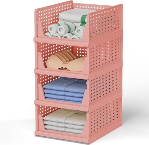 JEYANG Multipurpose Foldable Stackable Wardrobe Organizer for Clothes - Plastic Closet Storage for Kitchen, and Bathroom (Pack of 3, Pink)