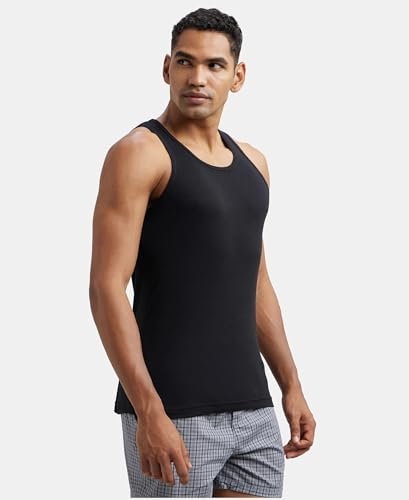 Jockey FP04 Men's Super Combed Cotton Rib Round Neck Sleeveless Vest with Extended Length for Easy Tuck_Black & Neon Blue_M