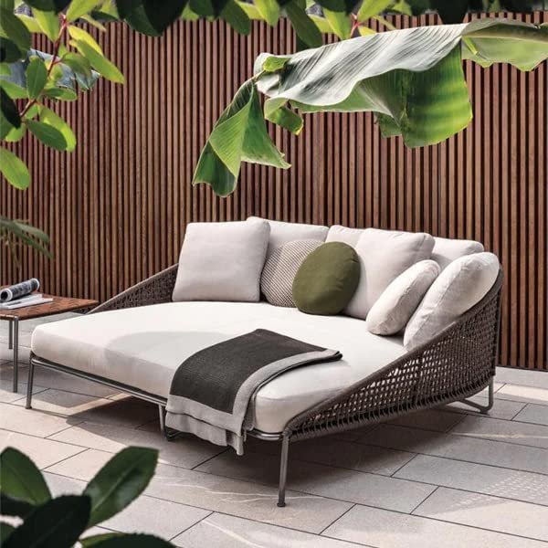 LOCCUS Outdoor Patio Rope Daybed/Round Sofa/Sunbade/Swimming Pool Side/Round Lounger/Sun Lounger/Garden/Terrace/Balcony/Rattan/Rope Furniture Daybed Set.(Brown and Cream Color)