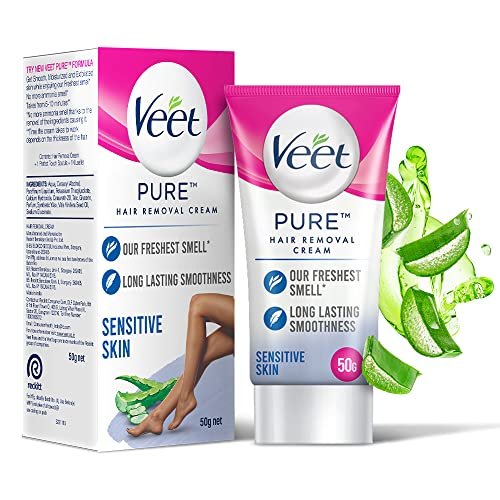 Veet Pure Hair Removal Cream for Women with No Ammonia Smell, Sensitive Skin - 50 g | Suitable for Legs, Underarms, Bikini Line, Arms | 2x Longer Lasting Smoothness than Razors
