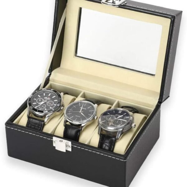 WEZOSHINET 3 Slot Watch Box PU Leather Lockable Watch Storage Boxes With Glass Top Adjustable Jewelry Organizer Bracelet Watches Holder Travel Case For Men Women Birthday Christmas Gift
