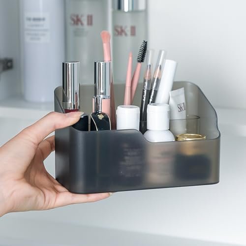 wolpin Cosmetic Storage Box Makeup Lipstick Makeup Brush Organiser Stand Frosted Case Dressing Table Bathroom Organiser with Removebale Grid Box (16.5 x 8.5. x 10 cm), Gray, Plastic