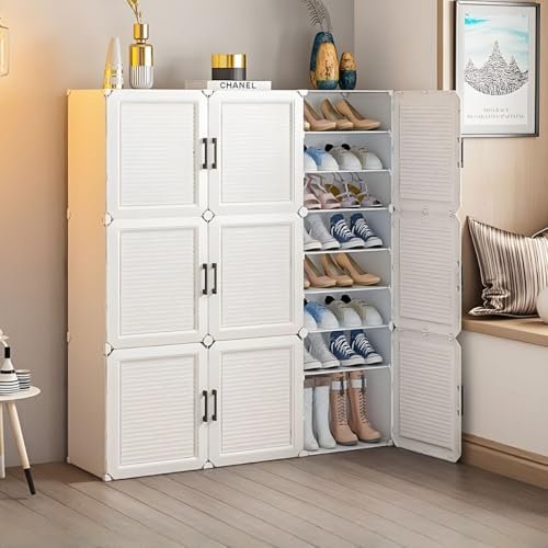 EXVITO Portable Shoe Rack for Home Plastic Shelves Household - DIY Multipurpose Shoe Rack Organizer, 9 Door Shoe Storage-Shelf with Dustproof Door Entryway for Heels/Slippers/Boots - White