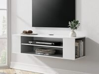White Floating Entertainment Center for Wall, Floating TV Shelf Wood Media Console Storage TV Cabinet Hutch Under TV for Living Room, White, 39.4 Inch