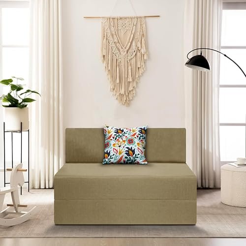 SOFA SANCTUARY 1-Person Sofa Cum Bed Jute Fabric- Washable Cover- Including 1 Cushion - 3' X 6' Ft (Golden Color) Perfect for Home & Office for Guests