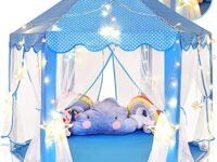 BabyGo Kids Prince Princess Castle Theme Play Tent with Mosquito Net Design for Kids (Blue with Light)