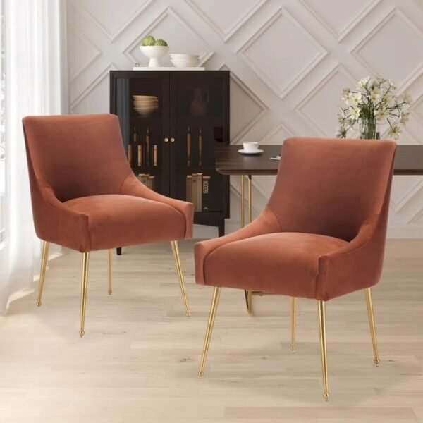 CROWN FURNITURE ART Set of 2 Accent Chair Velvet Mousa Fabric Chair with Golden Legs (Tan Red)