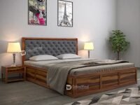 DRIFTINGWOOD Dolvi Solid Sheesham Wood King Size Bed with Storage | Wooden Double Bed Cot Bed with Box Storage & Grey Upholstered Cushioned Headboard for Bedroom | Rosewood, Teak Finish