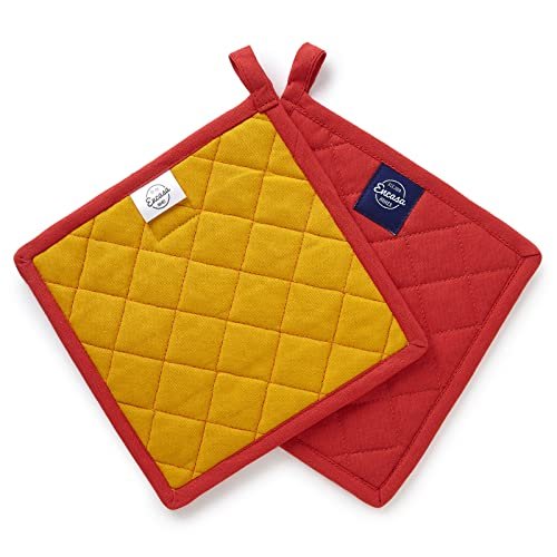 Encasa XO Heat Resistant Cotton Pot Holders with Hanging Loop - Set of 2 - Mango - Multipurpose Quilted Everyday Hot Pad for Kitchen, Camping, BBQ & Microwave - 21 cm