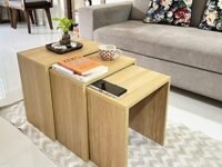 Kawachi Woodit 3 pc Stacking Nesting Table Sofa Side End Tea Coffee Table Living Room Centre Table Intel Beige