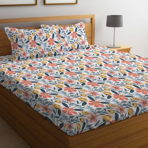 LOOMLYFE 300 TC Cotton Feel Glace Cotton Elastic Fitted Printed King Size Double Bed Bedsheet with 2 Pillow Covers Fits Upto 8 inches Mattress, Size- 72X78 Inches, BaleBlueFlower