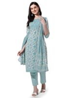 MIRCHI FASHION Women Straight Cotton Jaipuri Floral Print & Hand Embroidery Kurti Set with Dupatta and Pant (K9293 - White, Turquoise Blue - 6XL)