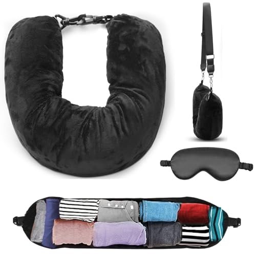 Nenkarn Stuffable Neck Pillow, Travel Neck Pillow Storage Bag for Airplanes, Tube Travel Neck Pillow Stuff with Clothes, No Extra Baggage Fees, Fits 3+ Days of Travel Essentials, No Filler (Black)