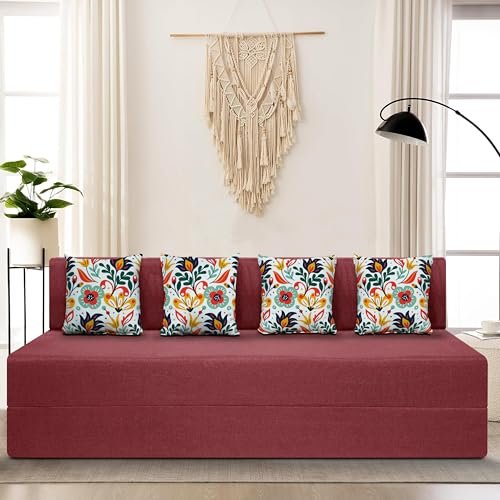 SOFA SANCTUARY 4-Person Sofa Cum Bed Jute Fabric- Washable Cover- Including 4 Cushion - 6' X 6' Ft (Red Color) Perfect for Home & Office for Guests