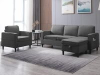groovecraft Earvin Wooden 5 Seater L Shape Convertible Sectional Sofa Armchair with Ottoman for Living Room (|Premium Velvet, Dark Grey)