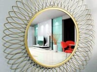 Artemade Golden Sunflower: Handcrafted Wire Mirror Decorative Mirror Wall Mounted Hanging Mirror Sculpture Metal Leaf Design Modern Art Mirror Home Decor (60 X 60 Cm)(Framed, Round, Gold)