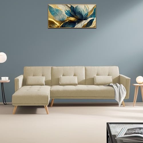 CASALIVING Convertible Futon LHS 4 Seater Sofa Cum Bed with Adjustable Backrest Sofa for Living Room (Cream Colour) Premium Fabric Sofa