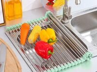 DONDA Large Roll-up Dish Drying Rack Over Kitchen Sink | Stainless Steel, Foldable Organizer | Dish, Utensils Drainer, Dryer Mat for Fruits & Vegetables | Kitchen Organizer (465 x 460 mm)