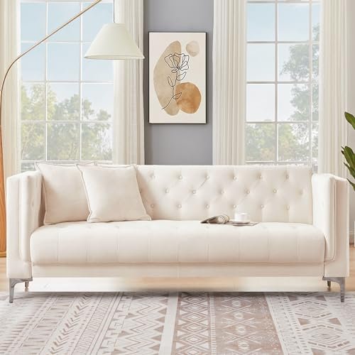 HIFIT 79'' Mid-Century Modern Sofa for Living Room, 3 Seater Sofa with Deep Seats and 2 Pillows, Handmade Button Tufted Velvet Couch for Apartment | Office 79''W x 30''D x 30''H, Off-White, UP-085