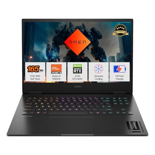 HP Smartchoice Omen, AMD Ryzen 9 7940HS, 8GB RTX 4070 AI-Powered Gaming Laptop (16GB DDR5, 1TB SSD) 165Hz, IPS, 300 nits, 16.1/40.9cm, FHD, Black, 2.38kg, RGB Backlit KB, B&O, xf0100AX