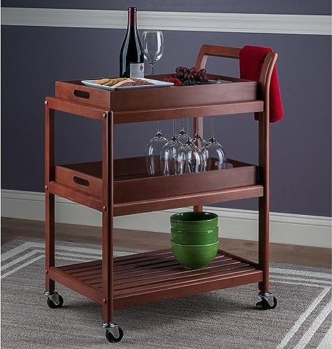 Kunjal Furniture 3-Tier Solid Wood Rolling Bar Cart Wine Serving Cart, Wheels,Utility Cart, Kitchen Storage Cart, Seasoning Rack on Wheel,for Dining Room Wine Serving Trolley (3 Tier, Brown Finish)